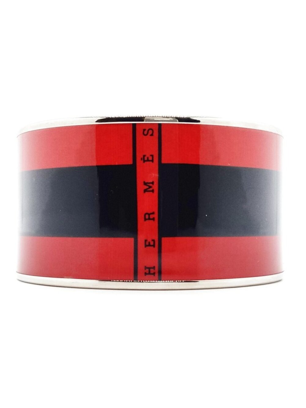 Authentic Hermès Paris Red & Black Enamel Wide Bangle Bracelet Silver Tone - Picture 5 of 10